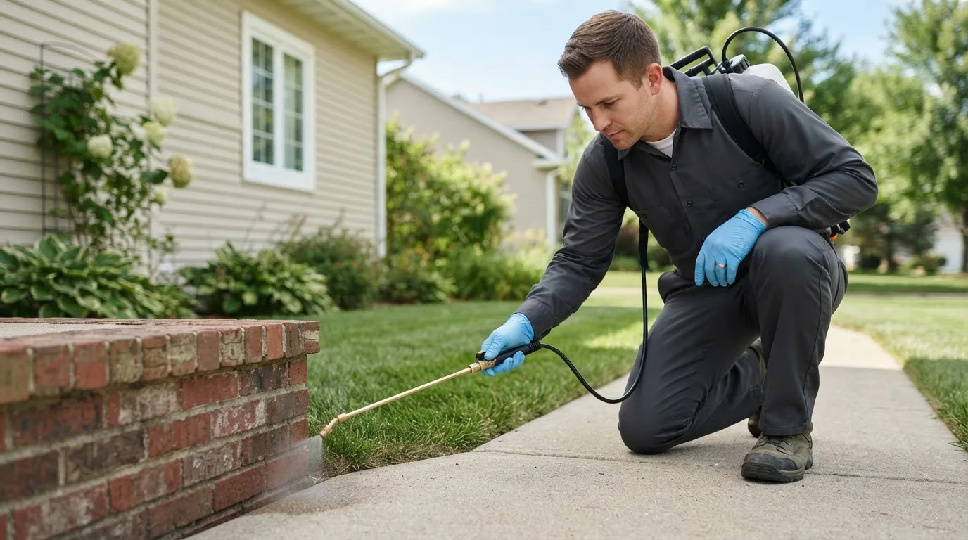 Pest control technician treating a home near Biscoe, AR