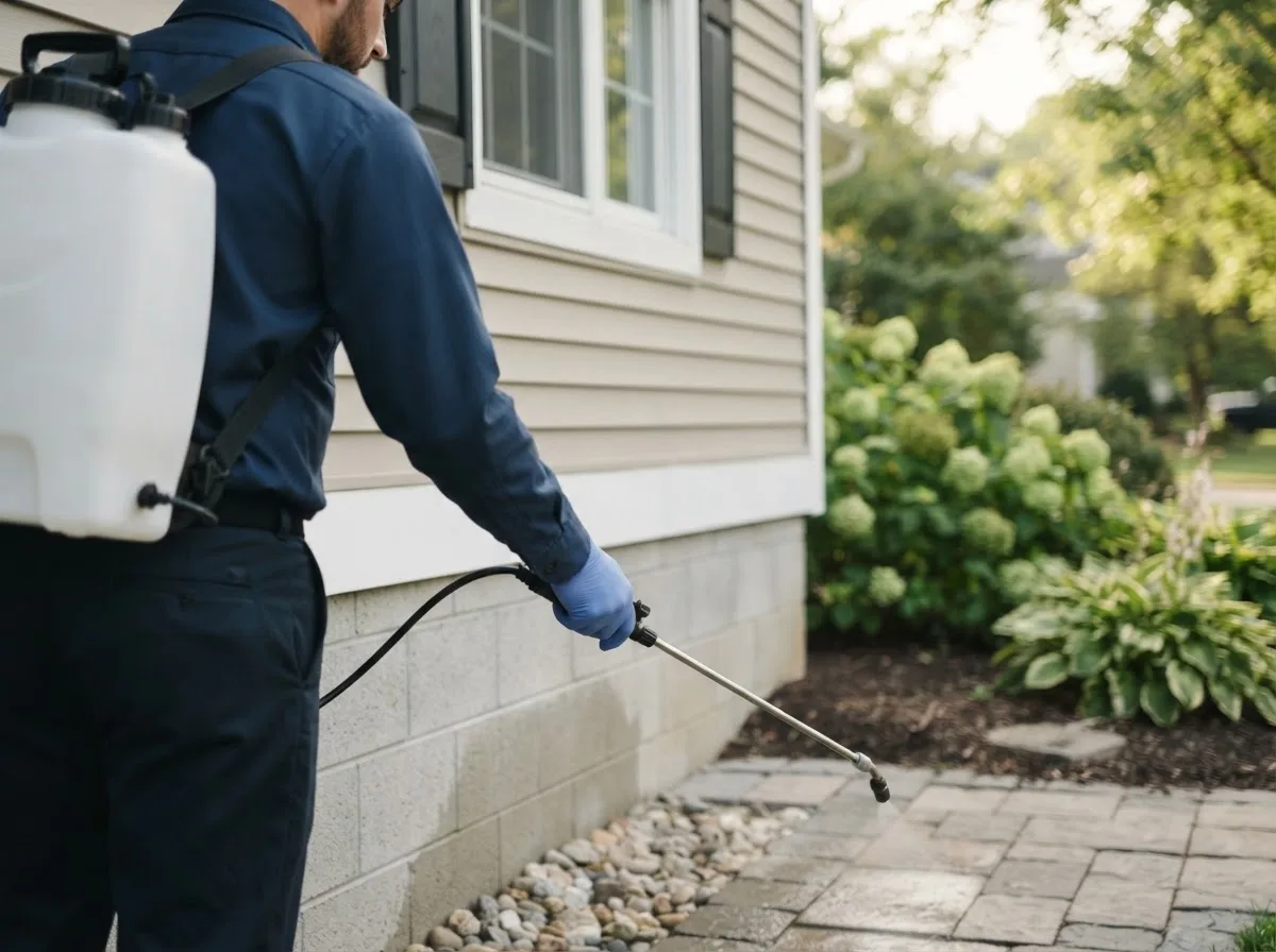 Pest control technician inspecting a home in Biscoe, AR